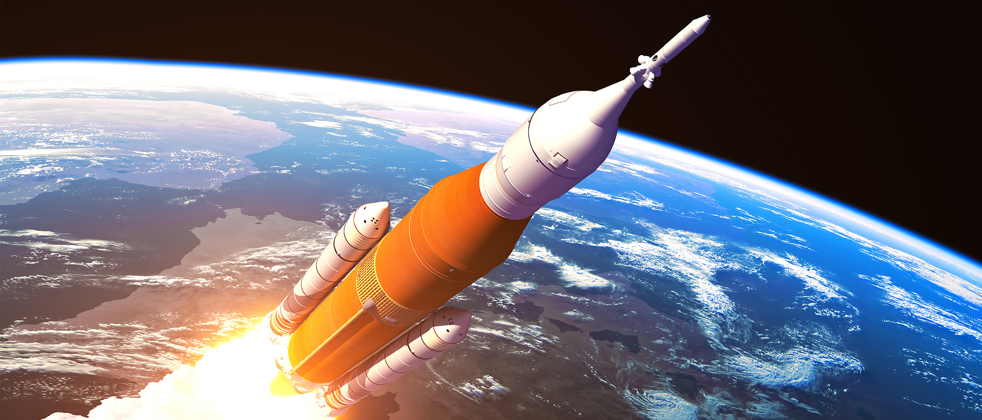 Space Launch System Over The Earth Heavy Rocket Launch In The Clouds Of Fire